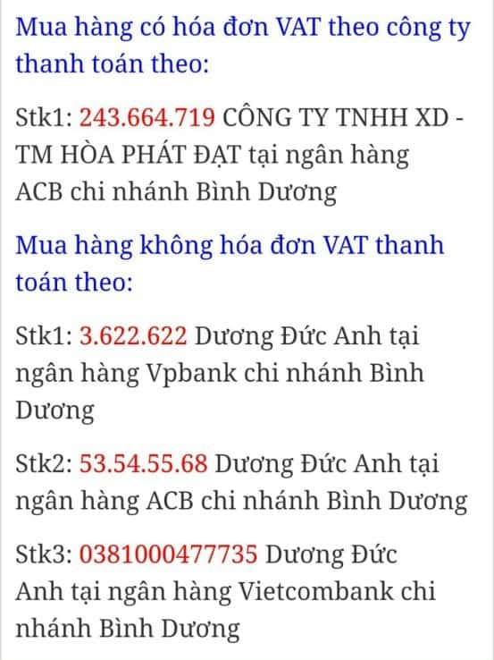 Thông tin tài khoản ngân hàng công ty Hòa Phát Đạt