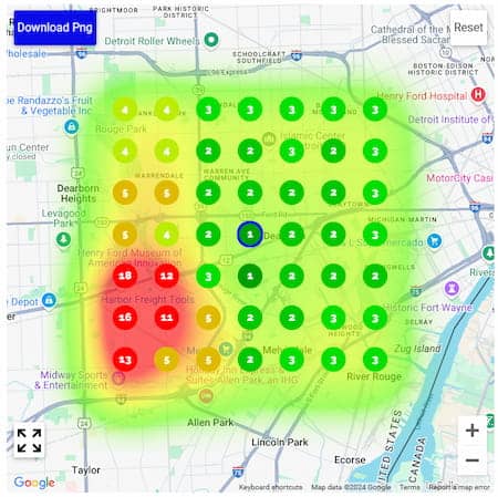 A map of Detroit displays a heatmap with numbered circles ranging from 1–13, generated by a local rank tracker. Green circles indicate lower values, yellow moderate, and red higher values, with the highest concentration in the southwest near Harbor Freight Tools.