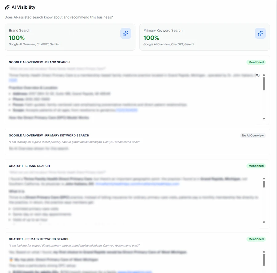 Client portal showing whether Google AI Overview, ChatGPT and Gemini mention the practice
