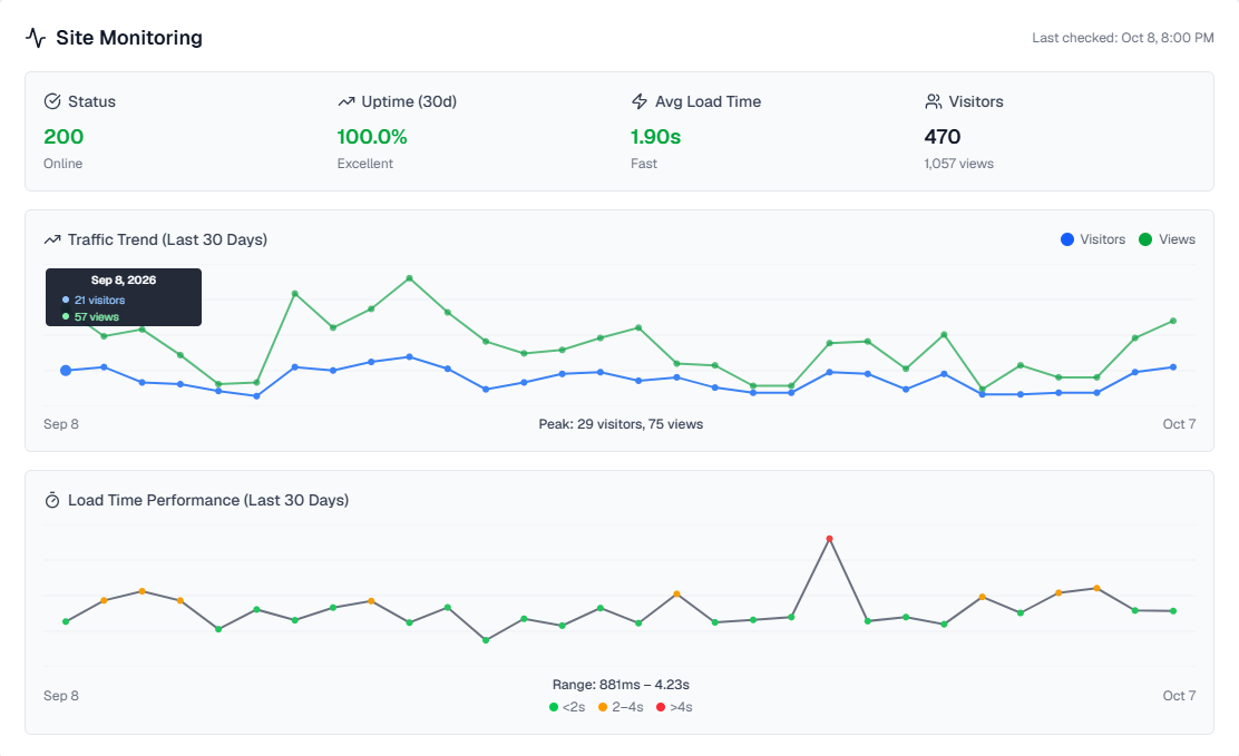 Client portal showing uptime, load time and visitor trends