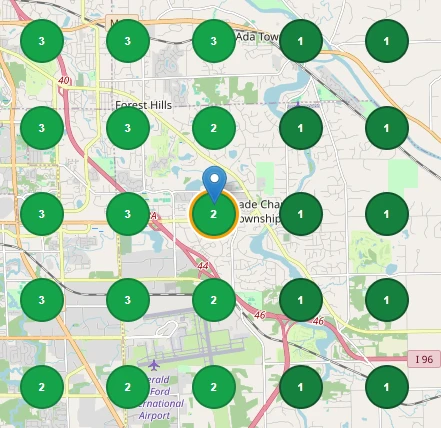 Map grid showing a practice ranking in the top 3 of Google Maps results across its area