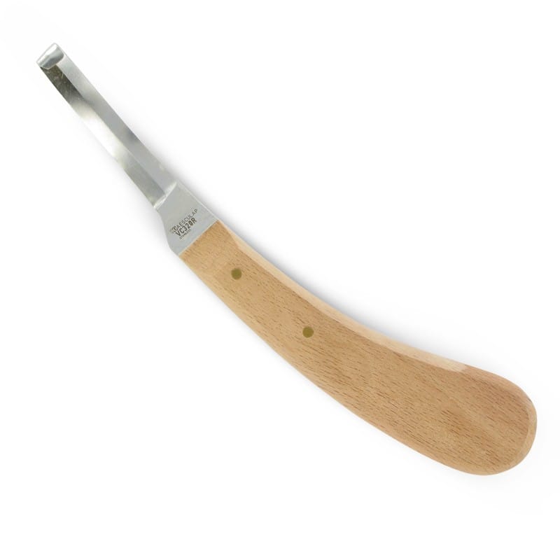 Wood-handled leather working tool with curved blade.
