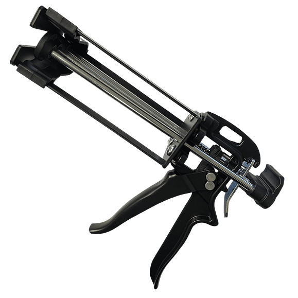 Heavy-duty caulking gun, black, metal frame.