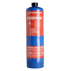 Propane gas cylinder, safety warnings visible.
