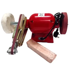 Red polishing machine with attached grinding wheel.