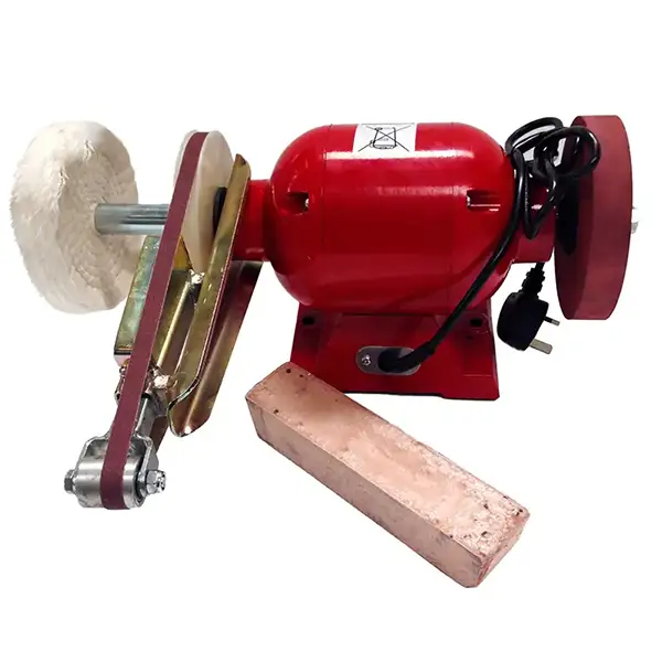 Red polishing machine with attached grinding wheel.
