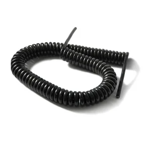Coiled black audio cable on white background.
