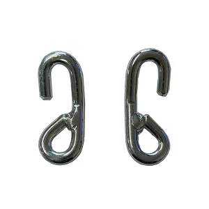 Two silver metal hooks side by side.