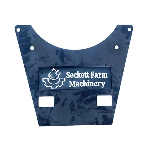 Sockett Farm Machinery logo on blue metal plate