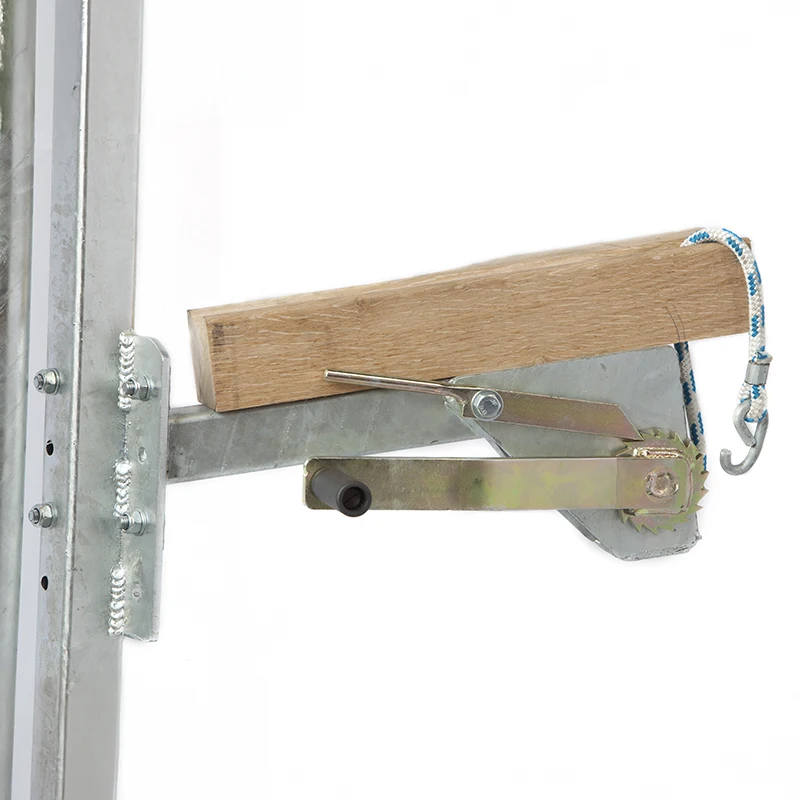 Metal and wood gate latch with rope.
