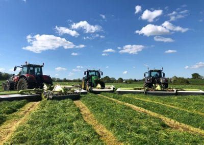 Tractors mowing grass under blue sky.