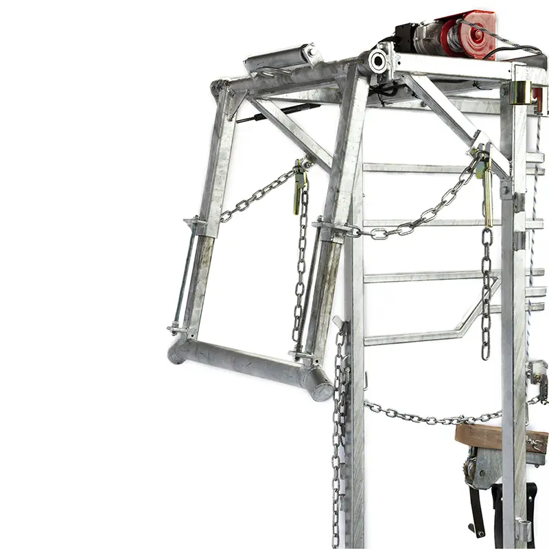 Metal livestock head restraint with chains.