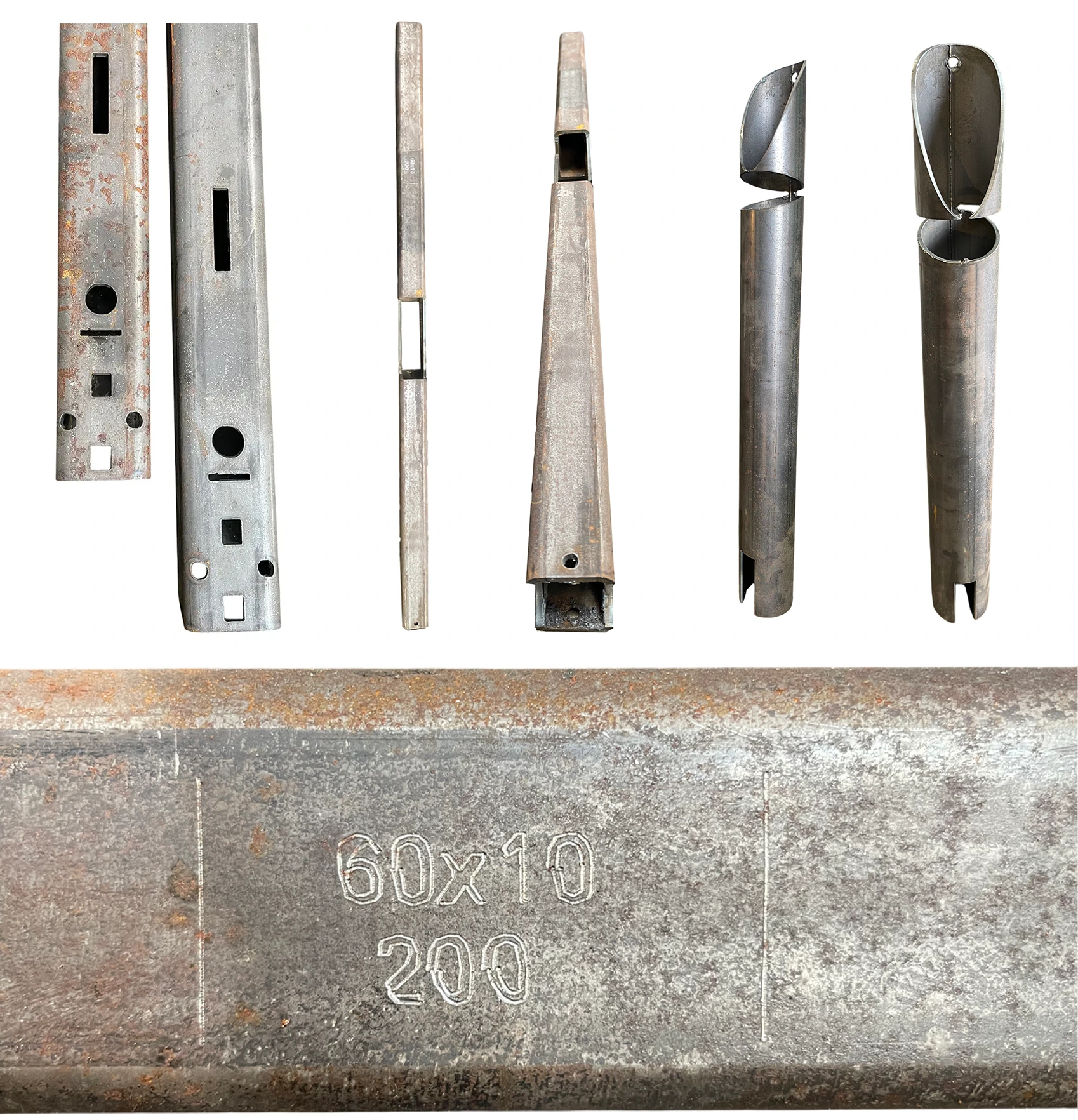 Metal beams with different cut-out designs and dimensions.