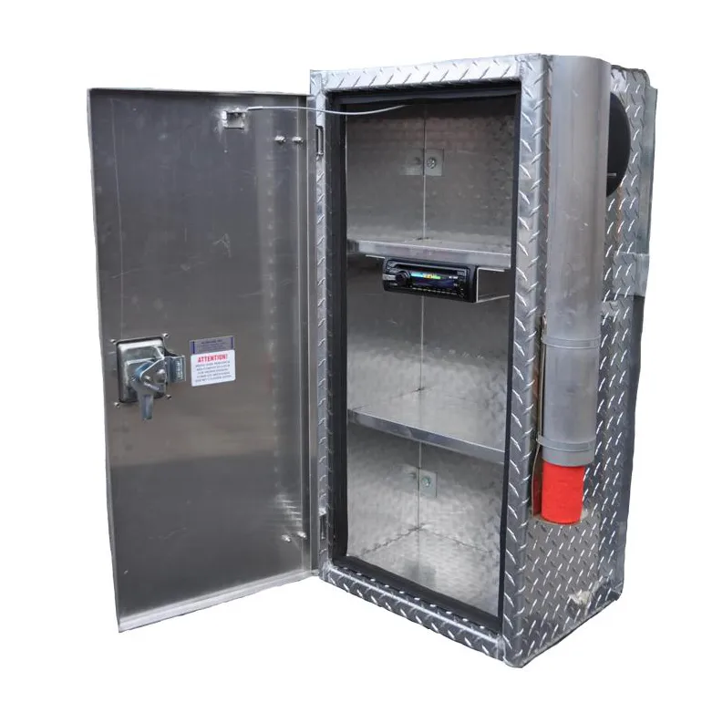 Open metal storage cabinet with shelves