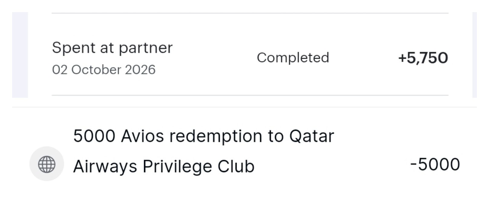 Capital on Tap transfer of 5,000 Avios and Qatar Airways Privilege Club credit of 5,750 Avios showing the 15% October 2026 bonus