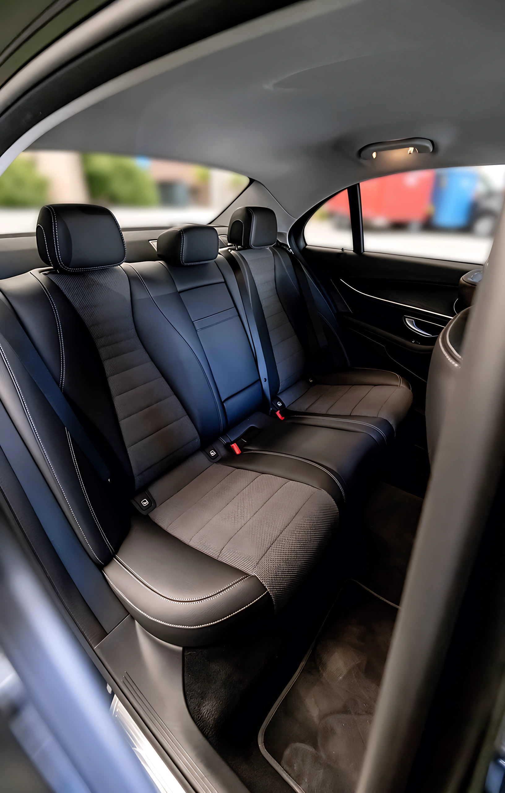 Mercedes E-Class rear seats in black leather, prepared for a private Budapest transfer