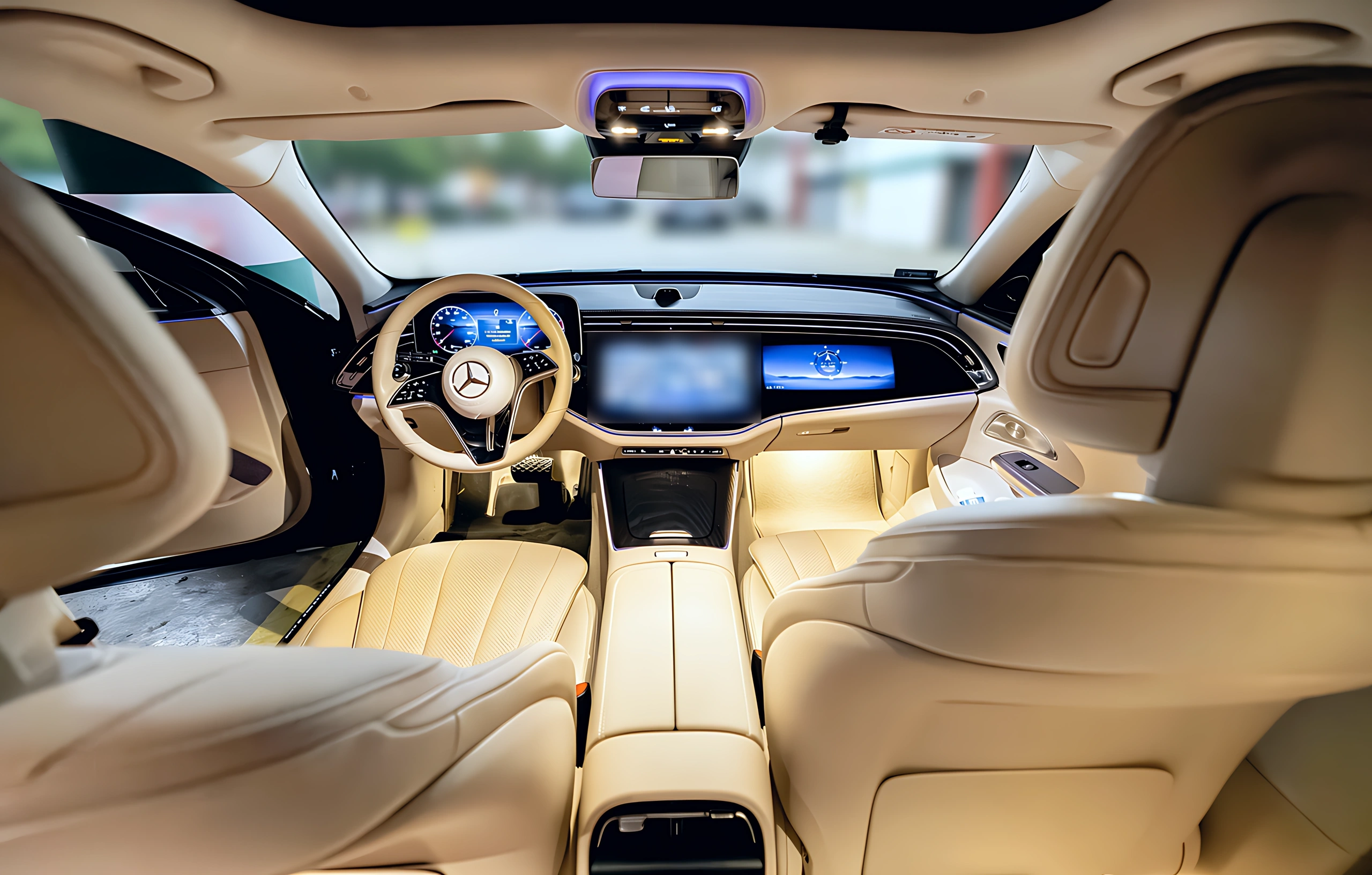 Mercedes E-Class interior with cream leather seats and digital dashboard for Budapest transfers