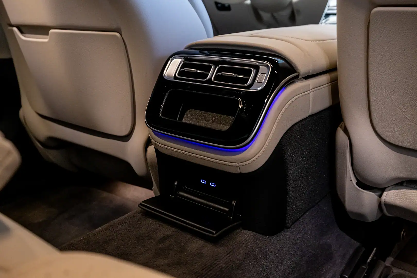 Mercedes S-Class rear-seat entertainment with blue ambient lighting for VIP Budapest journeys