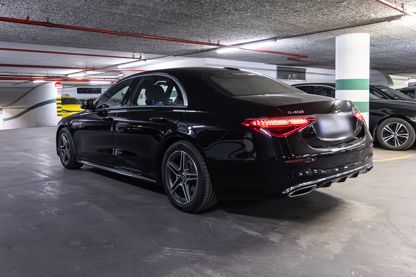 Black Mercedes S-Class sedan ready in the garage for a premium Budapest airport transfer