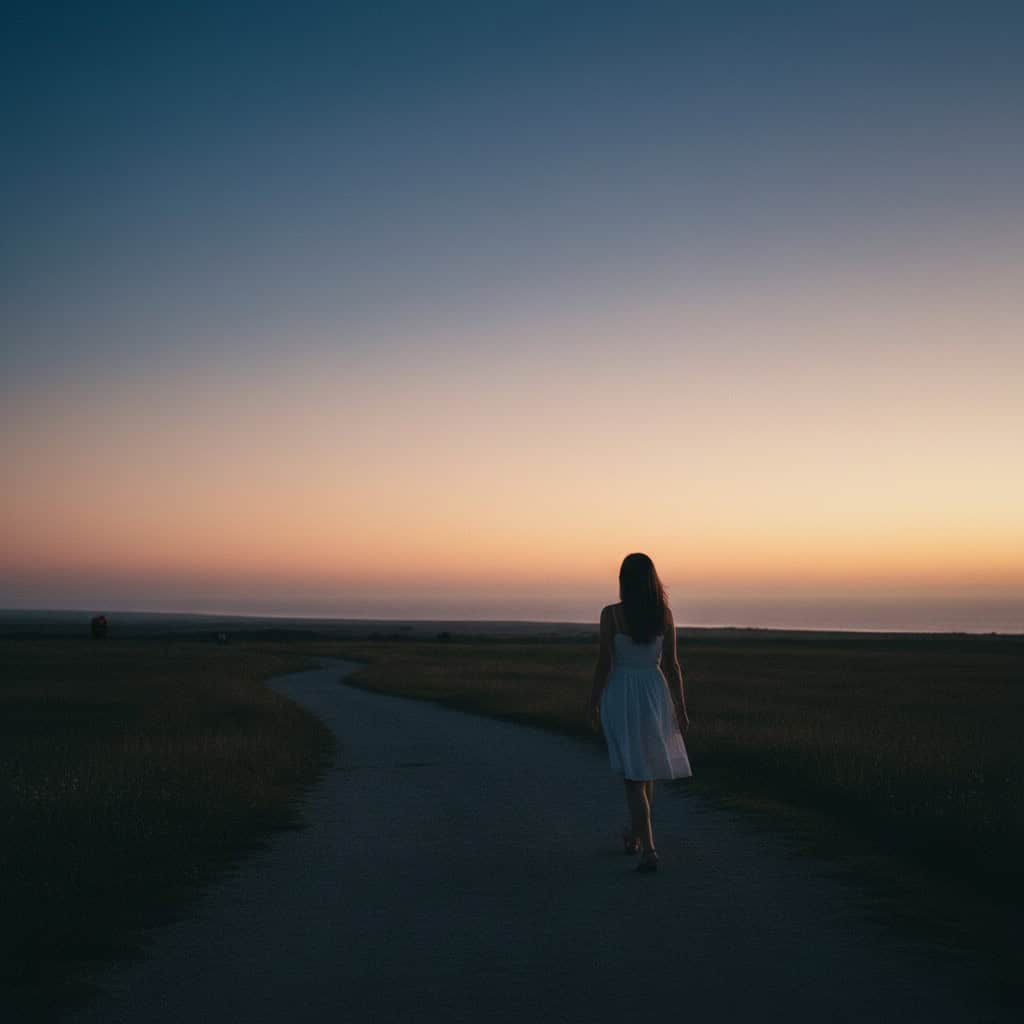 Woman in a white dress walks along a winding path at dusk toward a colorful sunset over open fields.