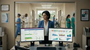Healthcare professional analyzing data on dual monitors in hospital setting.