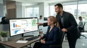 Healthcare professionals using Power BI and Azure for revenue cycle management.