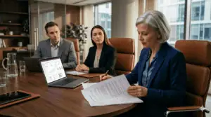 Business meeting discussing Power Platform governance and compliance strategies.
