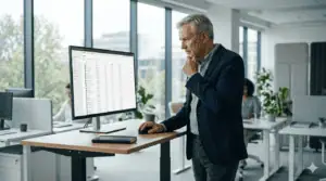Business professional analyzing Power Platform app data in modern office.