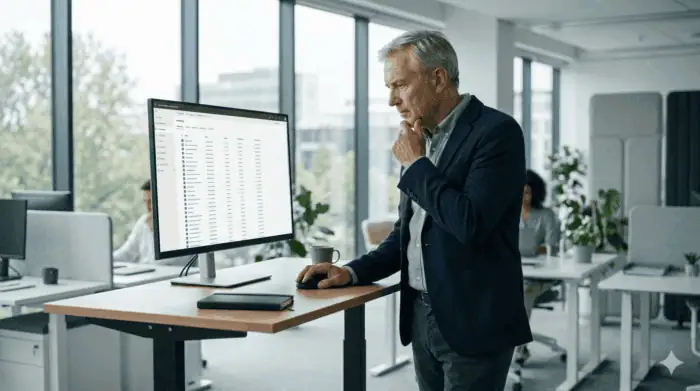 Business professional analyzing Power Platform app data in modern office.