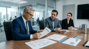 Business professionals discussing IT strategies in a modern conference room.