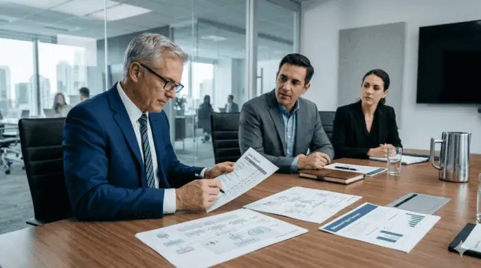 Business professionals discussing IT strategies in a modern conference room.