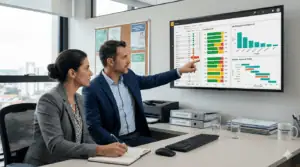 Business professionals analyzing healthcare data on a large screen in an office.