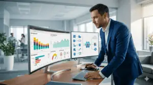 Healthcare professional analyzing data on dual monitors for modernization.