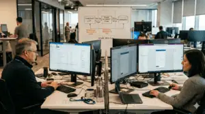 Business professionals working on SharePoint and Power Platform integration in a modern office.