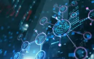 Advanced digital network and cybersecurity technology illustration.