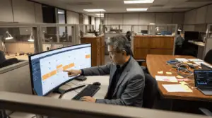 IT professional working on project management software in modern office.