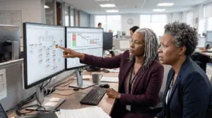 Two women analyzing project data on dual monitors in an office.