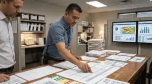 Two professionals reviewing data reports and charts in an office setting.