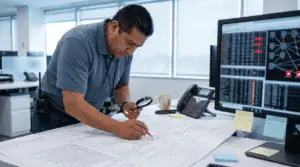 Engineer analyzing network diagrams and data on a desk in an office.