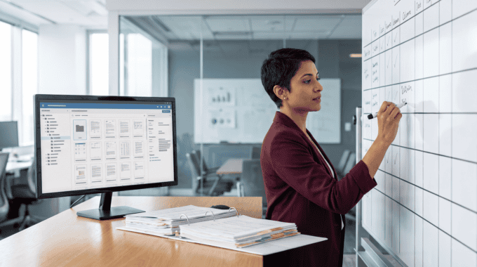 Professional woman analyzing data on whiteboard in modern office.