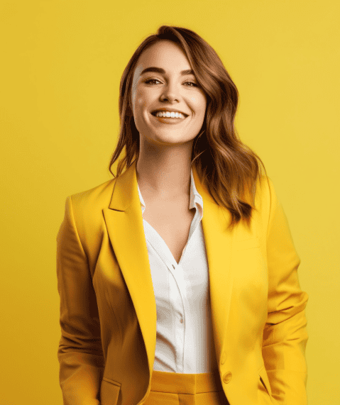 Professional woman in yellow blazer smiling against yellow background, representing innovative IT so.
