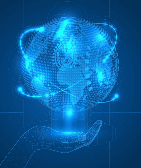 Digital globe with interconnected network lines and a hand, symbolizing global connectivity and tech.