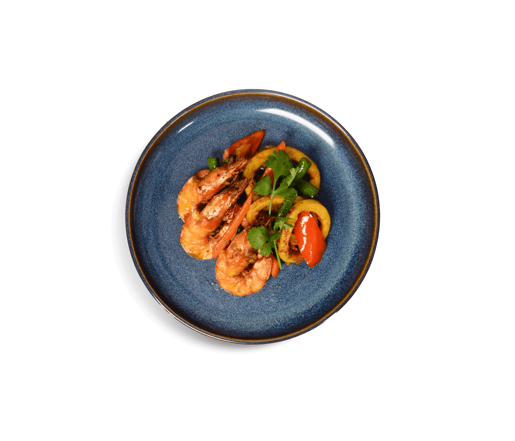 idocatering aromatic tumeric seafood dish served on blue plate 2