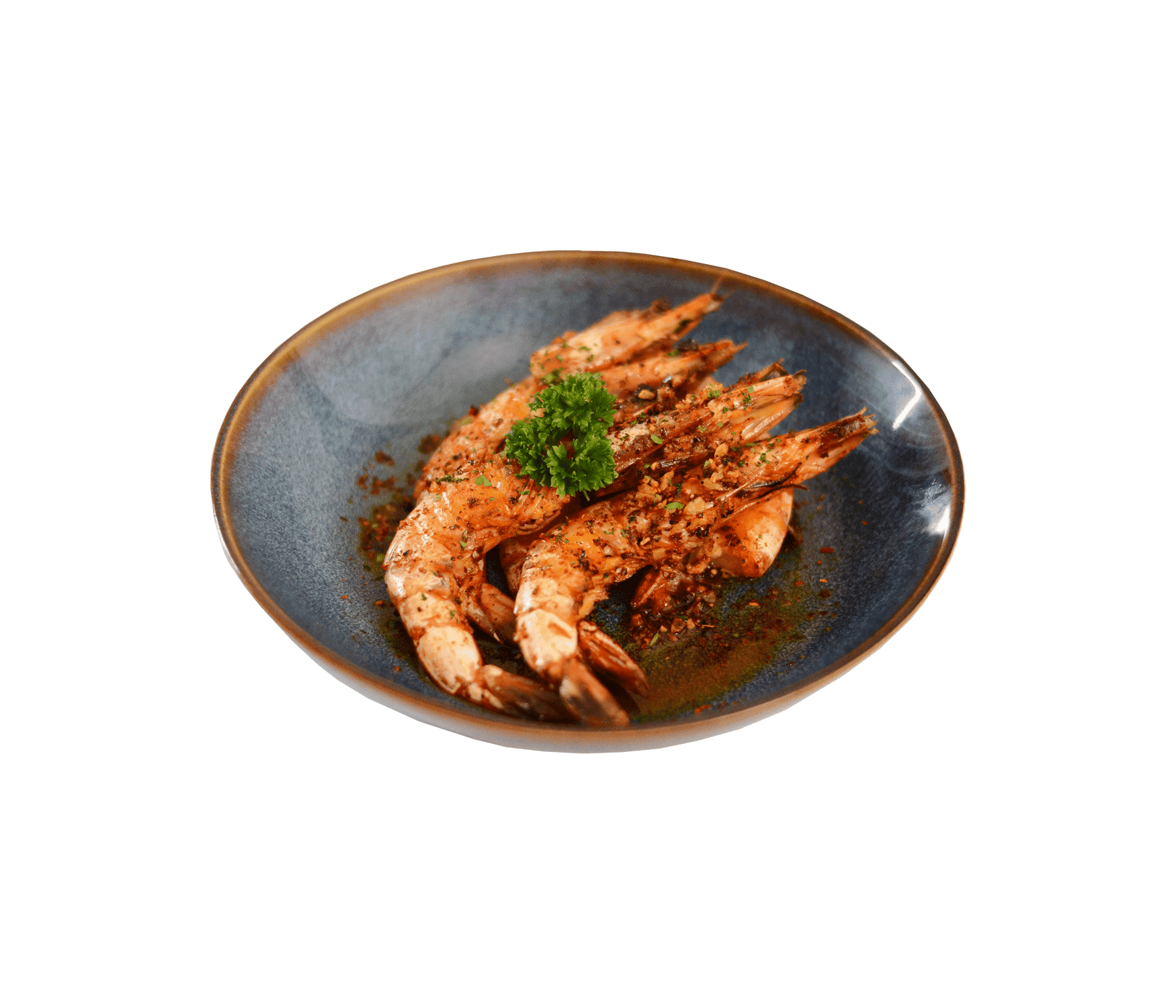 idocateringchili garlic butter prawns served on blue plate 2