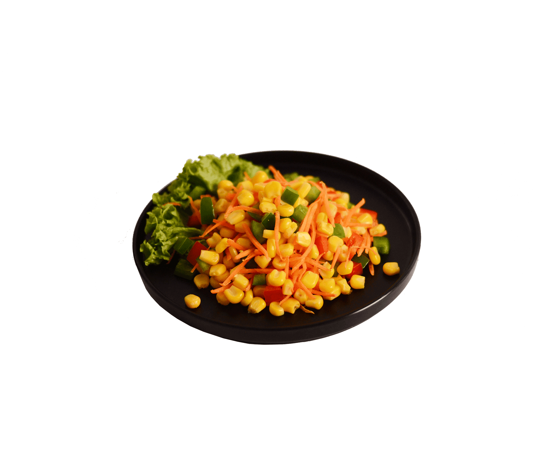 creamy sweet corn salad dish served on black plate by idocatering