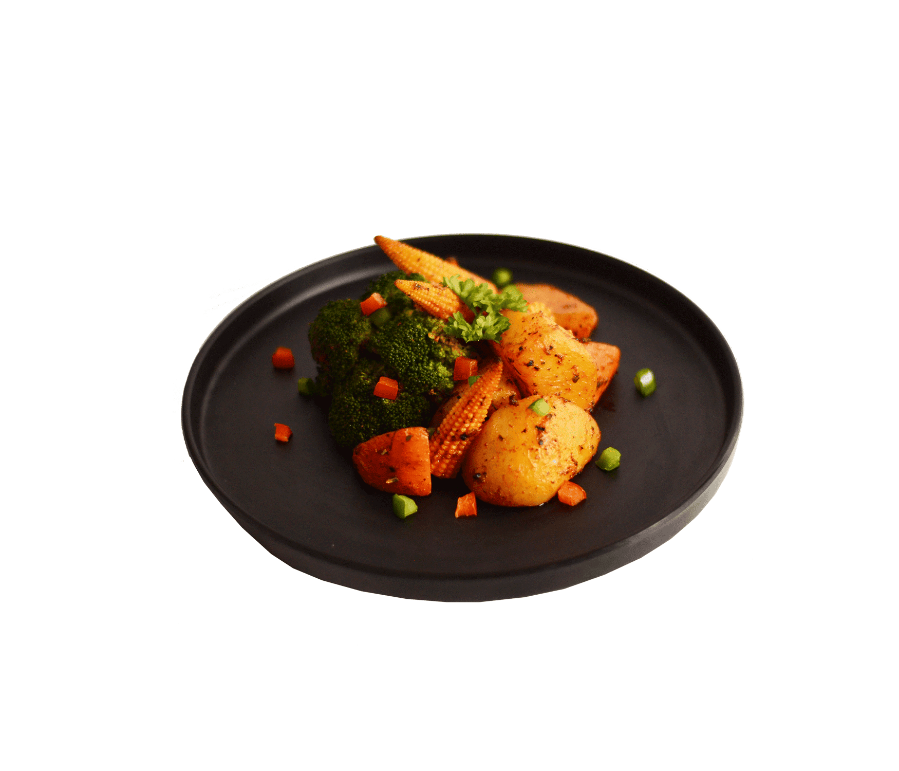 idocatering croasted veggie glow bowl served on black plate for catering event