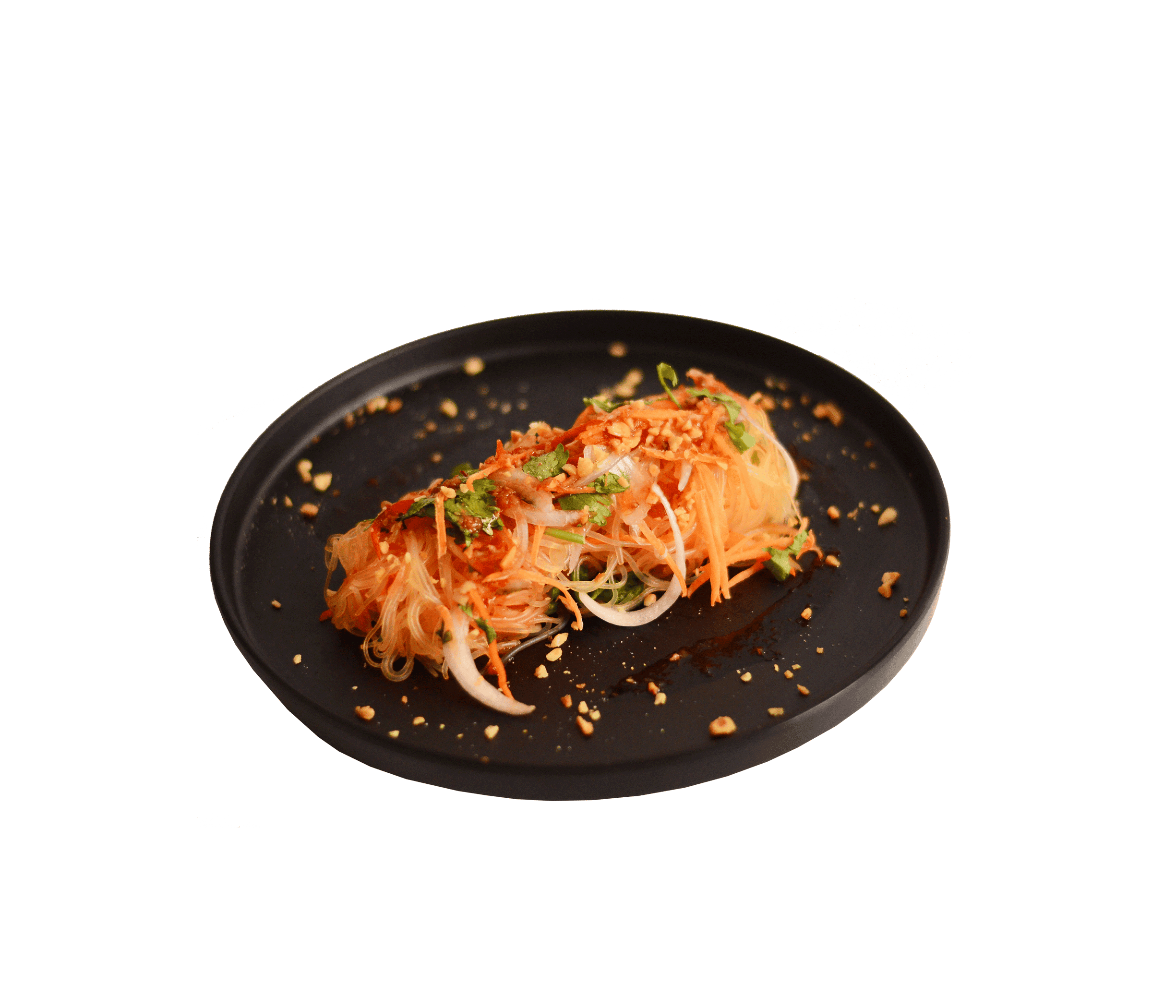 stir fried glass noodles served on black plate by idocatering