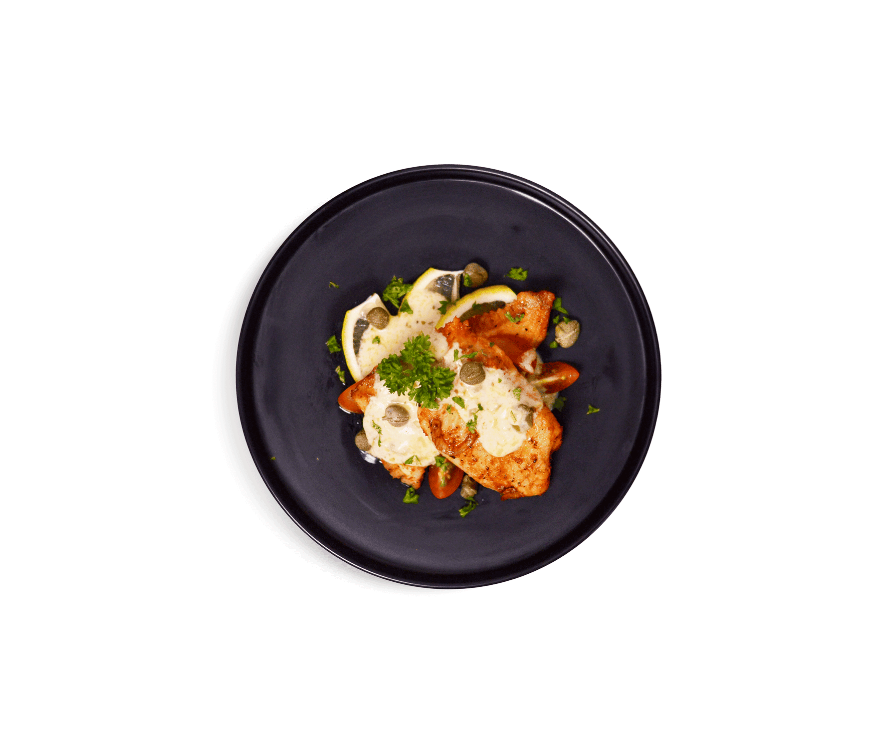 burn butter baked fish fillet dish served on black plate by idocatering
