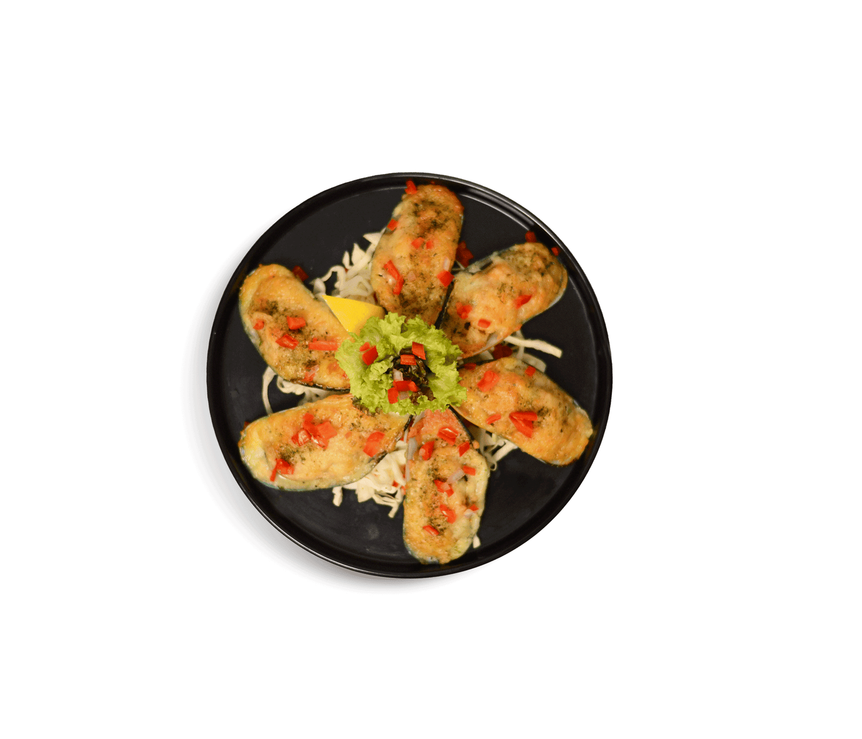 idocatering stuffed baked garlic mussels dish served on black plate for a catering event