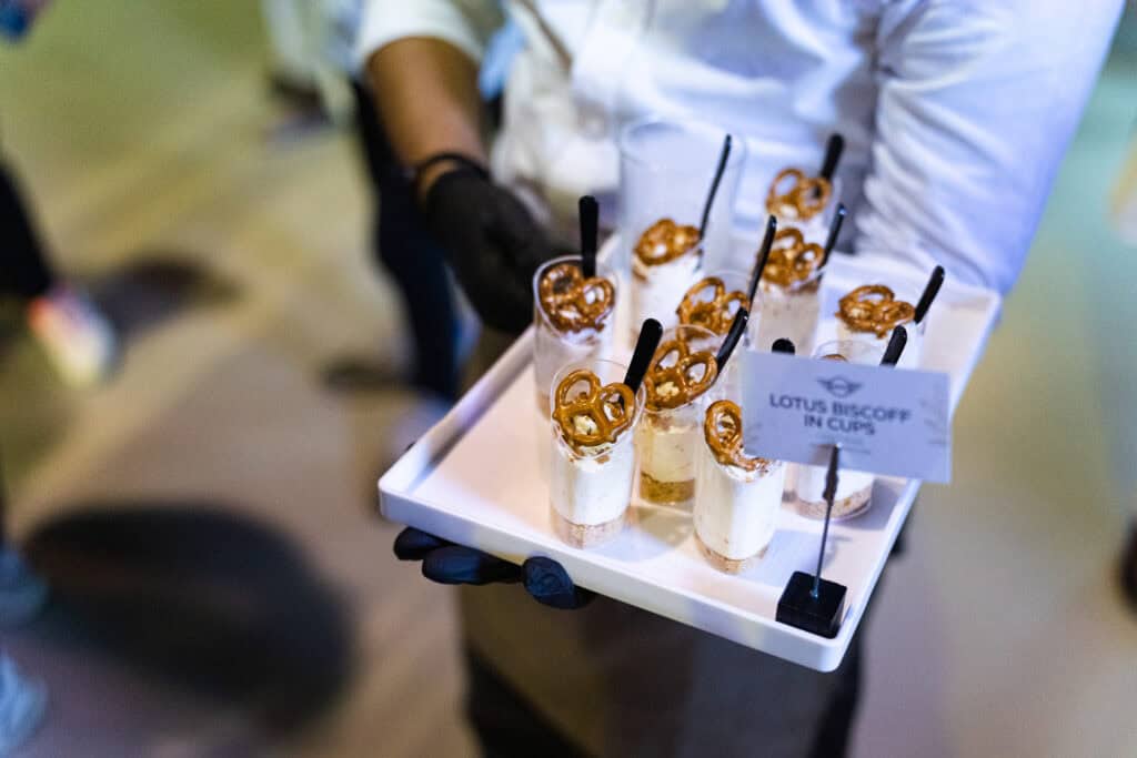 Lotus biscoff in cups dessert served for walk around canape catering